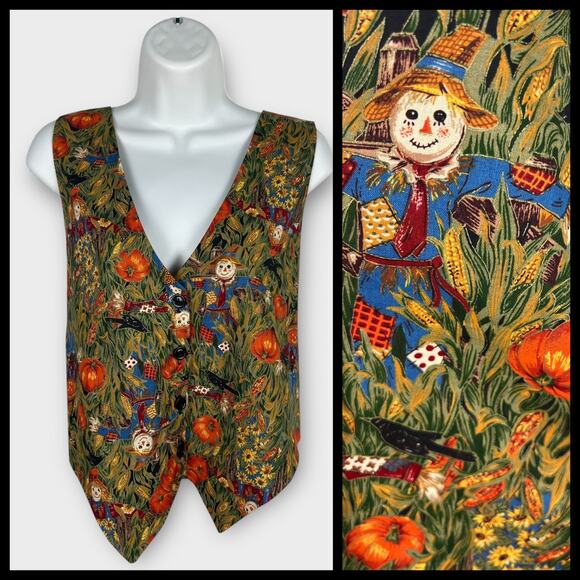 111 Main Vest Women Medium Black Fall Scarcrows Farm Pumpkin Patch Halloween - Picture 1 of 7